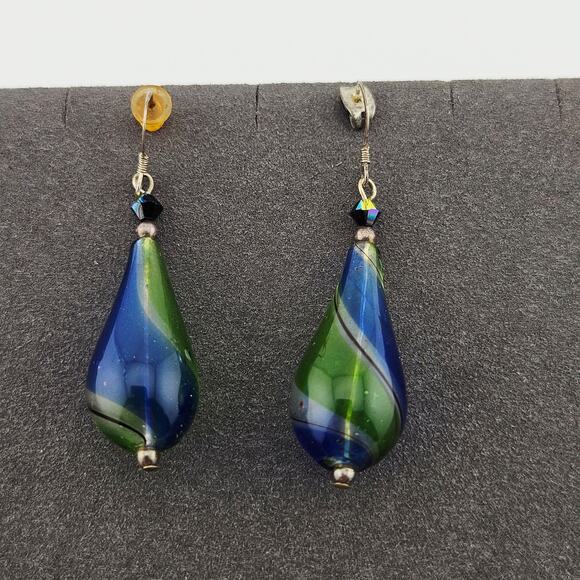 Blue & Green Teardrop Beaded Hook Earrings Dangle Drop Whimsical Artsy Unique - Picture 1 of 3
